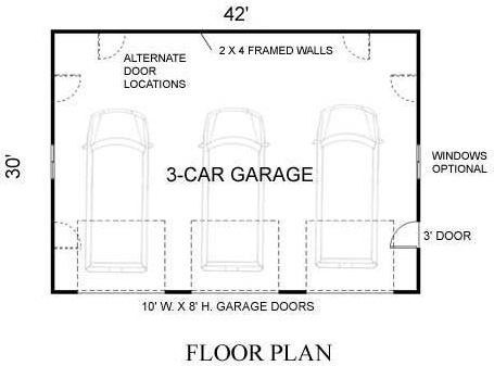 3 Car Garage Plan 1260 1b 42 X 30, Double Car Garage Door Size