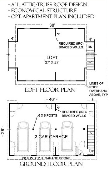 2386 1 46 X 28 Behm Design, 3 Car Garage With Loft Floor Plans