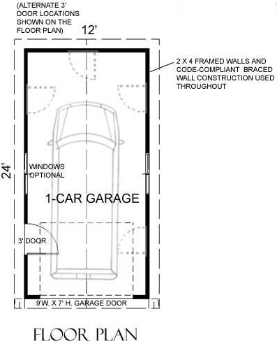1 Car Basic Garage Plan With One Story, One Car Garage Size Square Footage
