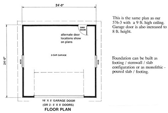 2 Car Garage Plan With 9 Ft Walls, 10 Foot Garage Door Height