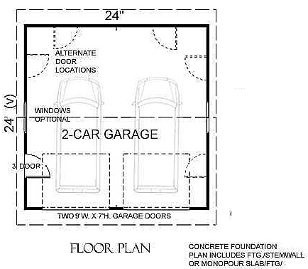 2 Car Basic Garage Plan Reverse Gable, How Wide Is A 2 Car Garage Door