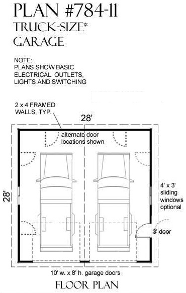 Truck Sized 2 Car Garage Plan 784 11 28, Two Door Garage Dimensions