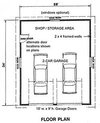 Car Garage Plan With Extra Space 952 2, What Is The Size Of A Double Car Garage Door